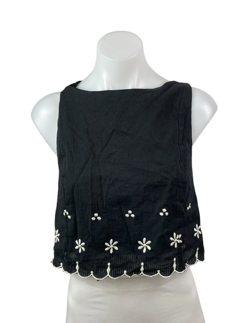 Free People Kayla Black Floral Embroidered Sleeveless Tie Blouse Top Size S
